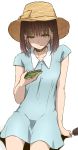  1girl bangs blue_dress brown_hair cellphone character_request copyright_request dress haine hat highres looking_at_phone phone popsicle short_sleeves simple_background sitting smartphone smile solo sun_hat white_background yellow_eyes 