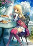  1girl bird blonde_hair brown_eyes chair closed_mouth cup female fire_emblem fire_emblem:_seisen_no_keifu fire_emblem_cipher gloves holding holding_cup kawasumi_(japonica) lachesis_(fire_emblem) leaning_on_table lion long_hair official_art sitting skirt smile solo statue table thigh-highs thighhighs zettai_ryouiki 