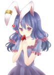  1girl animal_ears blue_dress blue_hair blush dress ear_clip food frilled_dress frilled_ribbon frills fruit hair_between_eyes hair_ribbon heart highres low_twintails minomushi_(mino_kkgt) rabbit_ears red_eyes red_ribbon ribbon seiran_(touhou) simple_background smile solo strawberry touhou twintails upper_body white_background 