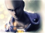  1boy akari_marco bald black_eyes cape collarbone dated face highres male_focus one-punch_man saitama_(one-punch_man) serious signature solo 