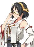  adjusting_clothes adjusting_glasses black_hair black_skirt detached_sleeves glasses green-framed_eyewear hairband headgear highres japanese_clothes kantai_collection kirishima_(kantai_collection) lips nontraditional_miko pallad remodel_(kantai_collection) ribbon-trimmed_sleeves ribbon_trim short_hair skirt white_background 