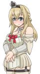  1girl bad_hands blonde_hair blush breasts crown dress garter_straps green_eyes highres jewelry kantai_collection large_breasts long_hair necklace off-shoulder_dress off_shoulder open_mouth smile solo thigh-highs warspite_(kantai_collection) yuuki_shishin zettai_ryouiki 