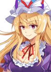  &gt;:) 1girl blonde_hair breasts choker cleavage closed_mouth collarbone dress e.o. hat hat_ribbon highres large_breasts long_hair looking_at_viewer mob_cap purple_dress red_ribbon ribbon ribbon_choker sidelocks smile solo touhou upper_body violet_eyes white_background yakumo_yukari 