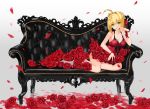  1girl :d ahoge arm_support bare_arms bare_shoulders blonde_hair bow breasts cleavage collarbone couch dress fate/extra fate_(series) flower green_eyes grey_legwear hair_bow hair_intakes head_tilt highres looking_at_viewer medium_breasts on_couch open_mouth petals red_bow red_dress red_rose rose rose_petals round_teeth ruisento saber_extra short_hair sitting sleeveless sleeveless_dress smile socks solo teeth thighs wristband yokozuwari 