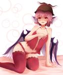  1girl alternate_costume animal_ears arano_oki arm_support bare_arms bare_shoulders bird_wings breasts collarbone frilled_panties frills hat hat_ornament kneeling lace lace-trimmed_thighhighs lingerie looking_at_viewer mob_cap mystia_lorelei navel open_mouth panties pink_eyes pink_hair red_legwear red_panties short_hair small_breasts solo stomach sweat thigh-highs touhou underwear underwear_only wings 