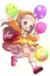  1girl :d ahoge bag ball balloon bangs blue_eyes blunt_bangs child dress full_body handbag hat highres irin_(soccer_spirits) light_brown_hair official_art open_mouth outstretched_arms pink_shoes running shoes smile soccer_ball soccer_spirits socks standing white_legwear windy4th yellow_dress yellow_hat 