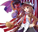  1girl :d beans black_hat black_skirt blush bow brown_eyes brown_hair brown_jacket cowboy_shot dress_shirt e.o. fedora gourd hair_bow hand_on_hip hat hat_bow highres jacket long_sleeves looking_at_viewer necktie oni_mask open_clothes open_jacket open_mouth red_necktie setsubun shirt short_hair skirt smile solo suit_jacket touhou usami_renko white_bow white_shirt 