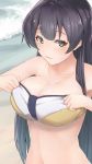  1girl agano_(kantai_collection) alternate_costume beach bikini bikini_lift breasts cleavage collarbone commentary_request eyebrows eyebrows_visible_through_hair from_above green_eyes highres kantai_collection large_breasts long_hair looking_at_viewer navel shiny shiny_hair solo swimsuit urigarasu 