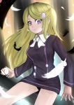  1girl ace_trainer_(pokemon) blonde_hair earrings feathers fenistia hair_ornament hairclip highres holding holding_poke_ball jewelry long_hair long_sleeves looking_at_viewer open_eyes poke_ball pokemon pokemon_(game) pokemon_xy premier_ball skirt violet_eyes 