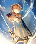  1boy floating hood hoodie king_(nanatsu_no_taizai) male_focus nanatsu_no_taizai orange_hair polearm short_hair solo spear tg_(tg_c_apple) weapon yellow_eyes 