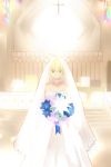  1girl absurdres ahoge artist_request bouquet breasts bridal_veil church cleavage cross dress fate/stay_night fate_(series) flower green_eyes highres large_breasts saber solobreasts stained_glass veil wedding_dress 