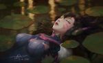  1girl 2016 absurdres armor bangs bodysuit breasts breasts_apart brown_hair bunny_print closed_eyes d.va_(overwatch) dao_trong_le dated facepaint facial_mark fine_art_parody floating hair_between_eyes headphones high_collar highres lily_pad lips lipstick long_hair lying lying_on_water makeup medium_breasts nose on_back ophelia_(painting) overwatch parody parted_lips partially_submerged pilot_suit rabbit realistic signature skin_tight solo torn_armor torn_clothes unconscious water whisker_markings 