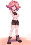  1girl absurdres bike_shorts colo_(nagrolaz) crossed_arms full_body highres looking_at_viewer navel pink_hair red_eyes sharp_teeth solo splatoon sports_bra stomach takozonesu teeth tentacle_hair 