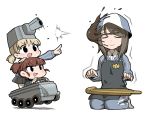  aki_(girls_und_panzer) apron bangs blue_shirt brown_eyes brown_hair bt-42 closed_eyes commentary dress_shirt driving firing full_body girls_und_panzer green_eyes grey_skirt ground_vehicle hat instrument jacket kantele light_brown_hair long_hair long_sleeves looking_at_another mansyontintai mika_(girls_und_panzer) mikko_(girls_und_panzer) military military_vehicle miniskirt motor_vehicle mud pants pleated_skirt school_uniform shirt short_hair short_twintails simple_background sitting skirt smile standing striped striped_shirt tank track_jacket track_pants twintails vertical-striped_shirt vertical_stripes white_background white_shirt younger 