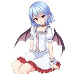  1girl absurdres bat_wings blouse blue_hair collarbone fang highres junior27016 miniskirt open_mouth pointy_ears puffy_short_sleeves puffy_sleeves red_eyes remilia_scarlet short_sleeves sitting skirt skirt_set touhou white_blouse white_skirt wings 