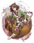  1girl animal_ears bracelet breasts brown_eyes brown_hair checkered_scarf futatsuiwa_mamizou glasses gradient gradient_background hair_ornament head_tilt highres jacket japanese_clothes jewelry kimono leaf_hair_ornament light_smile long_sleeves looking_at_viewer medium_breasts pince-nez pipe raccoon_ears raccoon_tail sagging_breasts scarf semi-rimless_glasses short_hair sitting_on_tail solo tabi tail touhou under-rim_glasses usagi_niku 