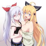  2girls :d ahoge asymmetrical_docking bare_shoulders blonde_hair blue_eyes borrowed_character bow breast_conscious breast_press breasts camisole choker cleavage cross cross_necklace fang glint gradient gradient_background hair_between_eyes hair_bow hair_tubes holding_hands interlocked_fingers jewelry large_breasts long_hair looking_at_viewer midriff multiple_girls navel necklace open_mouth ponytail red_eyes ryuusei_(ryuuseiseikou) silver_hair simple_background small_breasts smile strap_slip sweatdrop sweater very_long_hair 