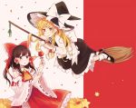  2girls apron black_hat black_shoes black_skirt blonde_hair bow braid broom brown_hair candy_apple closed_eyes detached_sleeves frilled_apron frilled_skirt frills hair_bow hair_tubes hakurei_reimu hat hat_bow kirisame_marisa long_hair long_sleeves mozukuzu_(manukedori) multiple_girls nontraditional_miko red_bow ribbon-trimmed_sleeves ribbon_trim shoes side_braid single_braid skirt sleeveless smile socks touhou white_apron white_bow wide_sleeves witch witch_hat yellow_eyes 