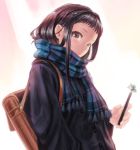  1girl bag black_hair blue_scarf brown_eyes cellphone coat enpera gradient gradient_background holding holding_phone light_frown long_hair looking_at_viewer mori_no_kuma-san original phone plaid plaid_scarf scarf smartphone solo upper_body white_background 