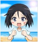  1girl alternate_costume bandaid bandaid_on_face beach bertsr black_eyes black_hair blush_stickers border brave_witches casual clenched_hands collarbone fang hands_up happy highres kanno_naoe lens_flare looking_at_viewer ocean open_mouth shirt short_hair solo sun sunlight t-shirt upper_body water world_witches_series younger 