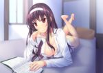  1girl ass bed book breasts cleavage hairband kasumigaoka_utaha long_hair lying naked_shirt on_stomach open_book purple_hair reading red_eyes saenai_heroine_no_sodatekata shirt smile solo takumi1006 