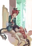  2girls absurdres alternate_costume animal_ears bangs bare_legs barefoot black_bow black_eyes black_hair blunt_bangs bow braid cat_ears cat_girl cat_tail extra_ears green_bow hair_bow highres japanese_clothes jiliang_ji_ying kaenbyou_rin kimono lap_pillow licking_hand long_hair looking_at_another multiple_girls multiple_tails obi red_eyes redhead sash seiza short_hair short_kimono sitting tail tongue tongue_out touhou twin_braids two_tails wide_sleeves yukata 