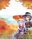  2girls autumn autumn_leaves blonde_hair blue_sky book bow brown_eyes brown_hair capelet dress hair_bow hat holding holding_book juliet_sleeves long_sleeves looking_at_viewer maribel_hearn mob_cap multiple_girls open_mouth oriental_umbrella puffy_sleeves purple_dress short_hair_with_long_locks sidelocks sky smile touhou tree umbrella usami_renko yellow_eyes zounose 