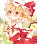  1girl bangs blonde_hair blush commentary_request daisy day flandre_scarlet flower hair_between_eyes hat hat_ribbon holding holding_flower looking_at_viewer mob_cap outdoors paragasu_(parags112) petals puffy_short_sleeves puffy_sleeves red_eyes ribbon short_hair short_sleeves skirt skirt_set solo touhou wings wrist_cuffs 