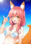 1girl :d animal_ears benitsuki_tsubasa bikini bikini_under_clothes blue_bikini blush bracelet collarbone day fang fate/extra fate/grand_order fate_(series) fox_ears fox_girl fox_shadow_puppet fox_tail jewelry looking_at_viewer low_twintails open_mouth pink_hair see-through shirt short_sleeves smile solo sunlight sweat swimsuit t-shirt tail tamamo_(fate)_(all) tamamo_no_mae_(fate) twintails twitter_username upper_body wet wet_clothes wet_shirt yellow_eyes 