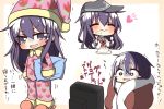  1girl :&gt; ^_^ akatsuki_(kantai_collection) alternate_costume anchor_symbol closed_eyes closed_mouth commentary_request eating flat_cap food food_on_face fork hat holding_pillow jako_(jakoo21) kantai_collection long_hair long_sleeves neckerchief pajamas pillow purple_hair school_uniform serafuku slippers solo spoon tears translated trembling watching_television wavy_mouth 