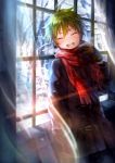  1boy :d akiyama_hayato blush breath brown_gloves closed_eyes coat curtains double-breasted gloves green_hair hand_in_pocket idolmaster idolmaster_side-m lens_flare male_focus open_mouth scarf shigaraki_(strobe_blue) smile snow solo transparent tree_branch window winter_clothes winter_coat 