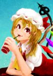  1girl ascot blonde_hair blush carte cup dress drinking drinking_glass drinking_straw elbow_rest fangs faux_traditional_media flandre_scarlet fran_(shironeko_project) hat highres laevatein lips mob_cap pointy_ears puffy_short_sleeves puffy_sleeves red_dress red_eyes short_sleeves side_ponytail tail touhou wings 