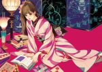  1girl book brown_eyes brown_hair highres japanese_clothes kimono long_hair matsuo_hiromi obi original sash solo 