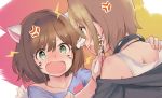  &gt;:o 2girls :o anger_vein angry animal_ears back bangs blush brown_hair casual cat_ears cat_print cat_tail collarbone eye_contact eyebrows eyebrows_visible_through_hair face_painting fighting fingernails green_eyes hand_on_another&#039;s_shoulder holding idolmaster idolmaster_cinderella_girls light_brown_hair lightning_bolt looking_at_another maekawa_miku multiple_girls off_shoulder profile shirt short_hair t-shirt tada_riina tail tears tetsujin_momoko translated upper_body writing 