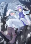  1girl blue_vest boots breasts brown_boots closed_mouth from_below head_scarf highres juliet_sleeves lavender_eyes lavender_hair letty_whiterock light_smile long_sleeves looking_at_viewer medium_breasts mumyuu outdoors pants puffy_sleeves scarf short_hair sitting snowing solo touhou white_pants white_scarf 