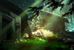  blurry branch commentary depth_of_field dog forest fox grass house light_rays looking_at_viewer looking_back nature no_humans original overgrown plant puppy ruins scenery signature sliding_doors sunlight technoheart tree vines 