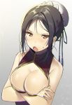  1girl black_hair blush breasts brown_eyes china_dress chinese_clothes chromatic_aberration cleavage cleavage_cutout crossed_arms dress gradient gradient_background hair_bun large_breasts natasha_(pommier) open_mouth original short_hair simple_background solo sweatdrop 