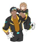  1boy 1girl absurdres adjusting_goggles black_hair brown_eyes brown_gloves brown_hair chin_rest cowboy_shot dark_skin dark_skinned_male fingerless_gloves flipped_hair floating glasses gloves goggles goggles_on_head hand_on_hip headband highres hunk_(voltron) hyakujuu-ou_golion jumpsuit pidge_gundarsson reverse_trap shoes short_hair simple_background sleeves_rolled_up smile sneakers sonnet_form sweat voltron:_legendary_defender white_background white_gloves yellow_eyes 