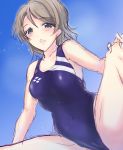  1girl ahharahhar blue_eyes brown_hair competition_swimsuit highres love_live! love_live!_sunshine!! one-piece_swimsuit open_mouth short_hair spread_legs squatting swimsuit watanabe_you 