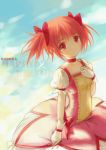  1girl 2014 birthday character_name clouble collar dated gloves hair_ribbon hand_over_heart kaname_madoka looking_at_viewer magical_girl mahou_shoujo_madoka_magica pink_hair red_eyes red_ribbon ribbon short_twintails smile solo tears twintails white_gloves 