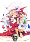  1girl adapted_costume ascot birdcage black_gloves breasts cage cleavage crystal dress english flandre_scarlet flower gloves hat hat_ribbon knife laevatein long_hair mob_cap red_dress ribbon side_ponytail single_glove skull solo tetsurou_(fe+) touhou white_background wings 