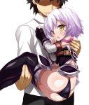  1boy 1girl ass assassin_of_black bandages bare_shoulders belt black_hair black_legwear black_panties black_pants blush carrying drooling faceless faceless_male fate/apocrypha fate/grand_order fate_(series) gloves highres looking_at_viewer male_protagonist_(fate/grand_order) open_mouth panties pants princess_carry scar shimeji_nameko shiny shiny_clothes shiny_skin shirt shirt_tug short_hair silver_hair standing tattoo thigh-highs underwear white_shirt yellow_eyes 