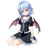  1girl absurdres bat_wings black_blouse black_skirt blouse blue_hair collarbone fang highres junior27016 miniskirt open_mouth pointy_ears puffy_short_sleeves puffy_sleeves red_eyes remilia_scarlet short_sleeves sitting skirt skirt_set touhou wings 