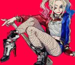  1girl baseball_bat batman_(series) blonde_hair blue_eyes blue_hair fishnet_pantyhose fishnets harley_quinn high_heels lipstick long_hair makeup multicolored_hair pantyhose shorts sketch solo suicide_squad twintails yarawi 