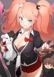  1girl bear_hair_ornament blonde_hair blue_eyes bra breasts cellphone choker cleavage dangan_ronpa enoshima_junko flip_phone hair_ornament k_jin marionette monokuma naegi_makoto nail_polish phone puppet red_nails school_uniform skirt smile smirk solo twintails underwear uneven_eyes 