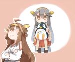  2girls ahoge apupuru black_hair brown_eyes brown_hair closed_eyes crossed_arms crying crying_with_eyes_open failure_penguin haruna_(kantai_collection) headgear kantai_collection kongou_(kantai_collection) long_hair multiple_girls nontraditional_miko pink_background pleated_skirt ribbon-trimmed_sleeves ribbon_trim skirt tears 