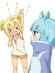  &gt;_&lt; 2girls aqua_hair arm_up armpits blonde_hair blue_eyes blush bob_cut chibi closed_eyes covered_mouth dog_tags double_v fang hokuto_itsumo jewelry mashigura multiple_girls necklace open_mouth shakunetsu_no_takkyuu_musume short_hair short_twintails shorts smile sportswear tank_top tenka_hanabi twintails v 