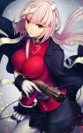  1girl bandages breasts cocorosso fate/grand_order fate_(series) florence_nightingale_(fate/grand_order) gloves gun highres holding holding_gun holding_weapon long_hair looking_at_viewer military military_uniform pantyhose pink_hair red_eyes skirt solo uniform weapon white_gloves white_legwear 