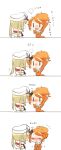  2girls :&lt; :3 angry aquila_(kantai_collection) arms_up black_eyes blonde_hair blush chibi comic commentary_request graf_zeppelin_(kantai_collection) hair_ornament hairclip hand_on_another&#039;s_head hat kantai_collection multiple_girls orange_hair petting rebecca_(keinelove) steam translation_request 
