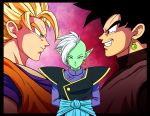  3boys arms_behind_back black_eyes black_hair blonde_hair chris_re5 dougi dragon_ball dragon_ball_super earrings evil_grin evil_smile gokuu_black green_eyes green_skin grin highres jewelry male_focus mohawk multiple_boys pointy_ears serious smile son_gokuu super_saiyan white_hair zamasu 